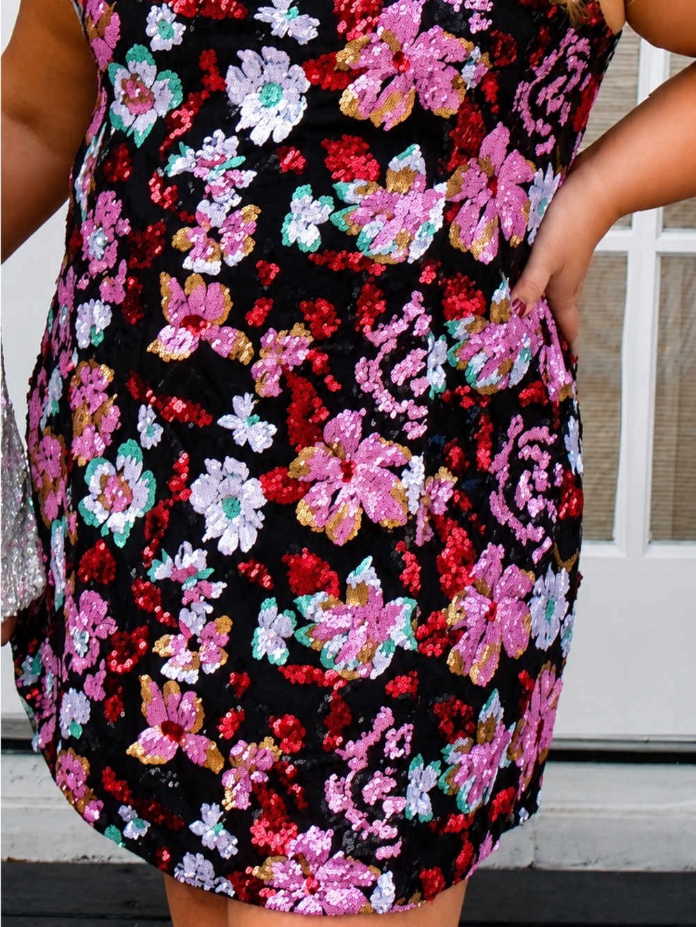 Sequin Floral Mini Skirt - Black with Pink & Red Floral